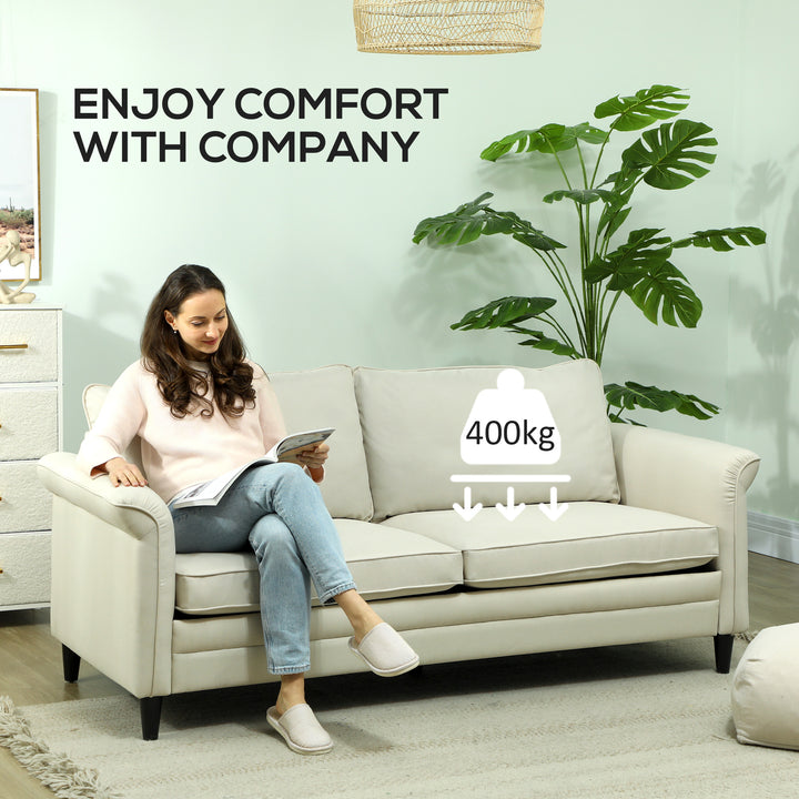 3 Seater Sofa, Modern Fabric Sofa Couch with Spring Cushion, Rubber Wood Legs, 191cm Upholstered Settee for Living Room, Bedroom, Home Office, Guest Room, Cream White