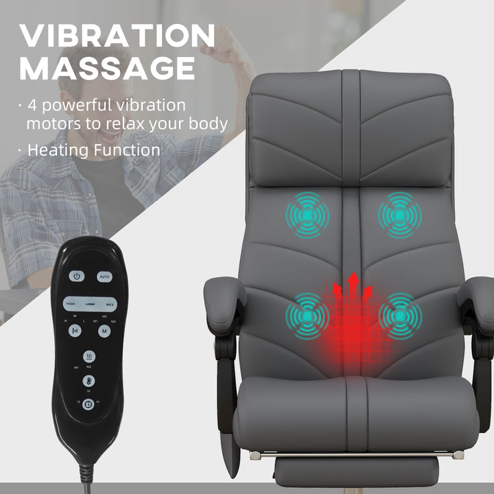 High Back Vibration Massage Office Chair, Heated Reclining PU Leather Computer Chair with Footrest, Grey