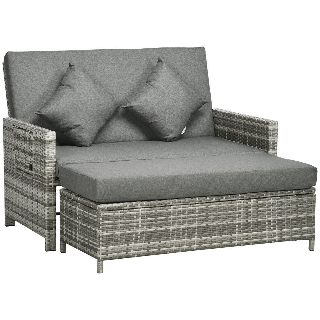 Rattan Garden Daybed, Assembled Double Sun Lounger with 5-Level Adjustable Back, Storage Ottoman, Cushions, Pillows and Retractable Trays, Outdoor Loveseat Sofa Bed for Patio, Mixed Grey