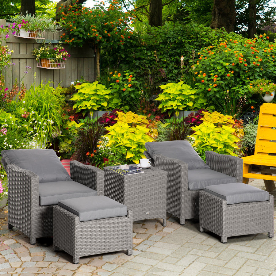 5 Pieces Outdoor PE Rattan Garden Furniture with Cushions, Patio Lounge Adjustable Backrest Chairs, Footstools and Cooler Bar Coffee Table & Cover, Grey