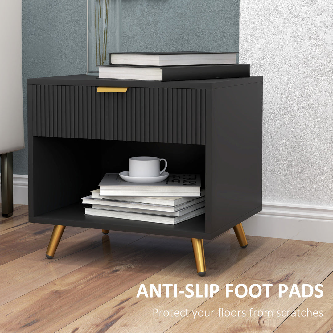Elegant Bedside Table Set of 2, with Drawer and Shelf - Black/Gold Tone
