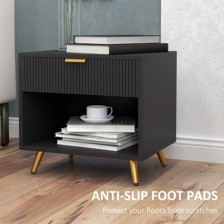 Elegant Bedside Table Set of 2, with Drawer and Shelf - Black/Gold Tone