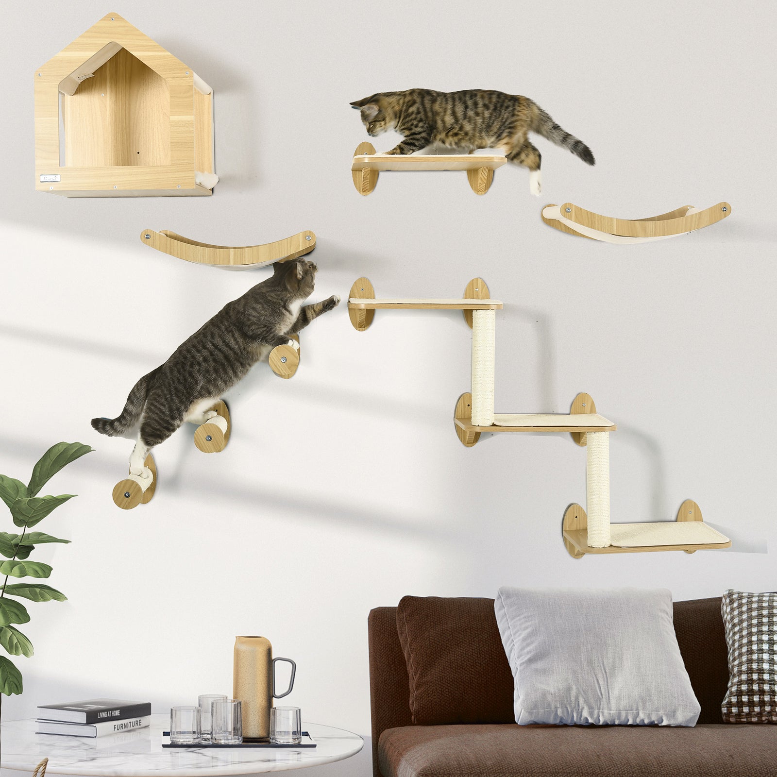 8 Piece Cat Shelves Set, with Cat House, Three Perches, Three Scratchi