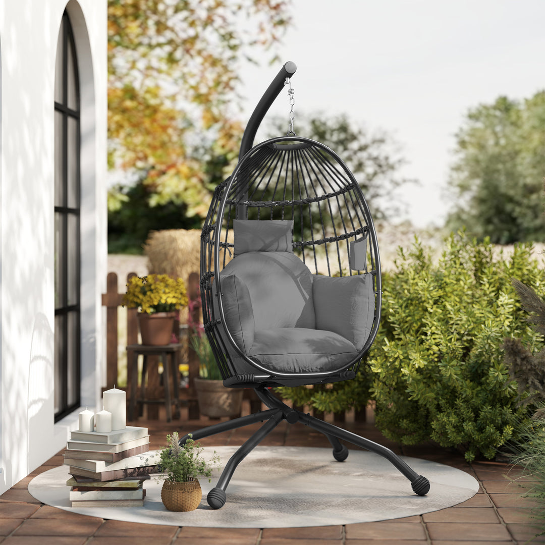 Hanging Egg Chair Outdoor Indoor Garden Swing Chair with Folding Basket and Thickened Cushion, Garden Hanging Chair with Stand, Headrest, Cup Holder for Patio, Balcony, Dark Grey