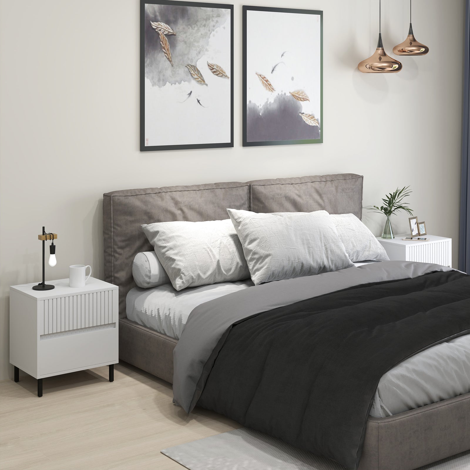 Simple Line Indented Two-Drawer Bedside Table Set of 2 - White