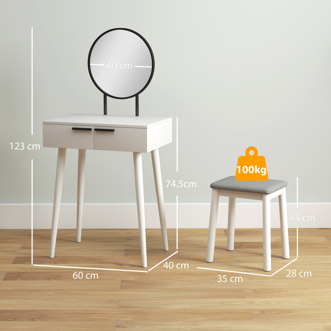 Dressing Table with Mirror and Stool, Vanity Makeup Desk Set with 2 Drawers, Cushioned Stool and Make-up Organiser for Bedroom and Dressing Room, 60 x 40 x 123 cm, White