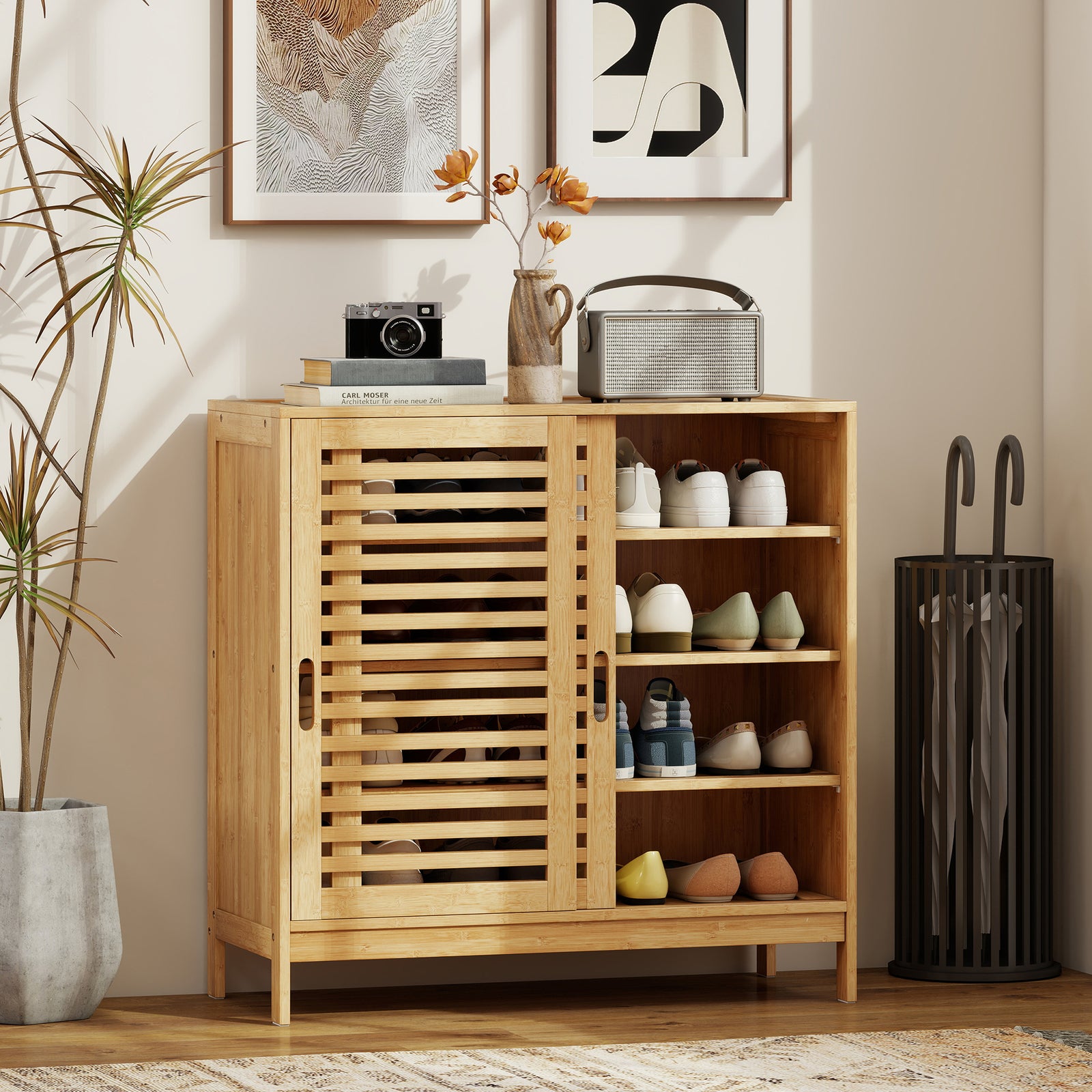 Bamboo Shoe Cabinet with 2 Sliding Slat Doors, 16Pairs, Adjustable She