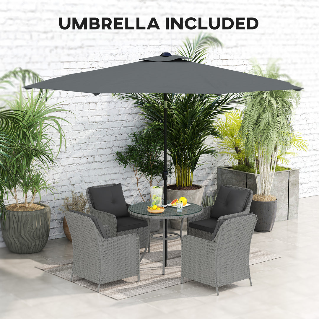 4 Seater Rattan Dining Set with Parasol & Cushions - Light Grey