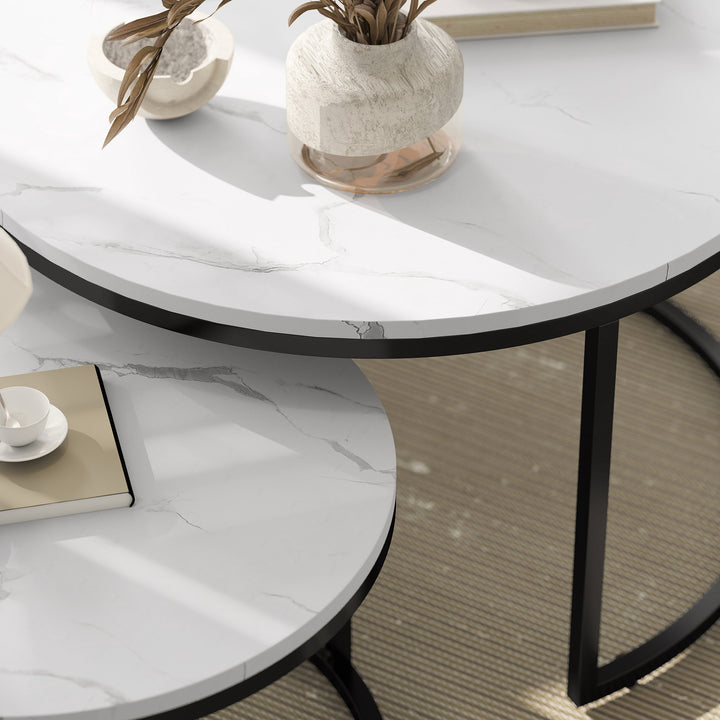 Set of Two Marble-Effect Stacking Tables - Black/White