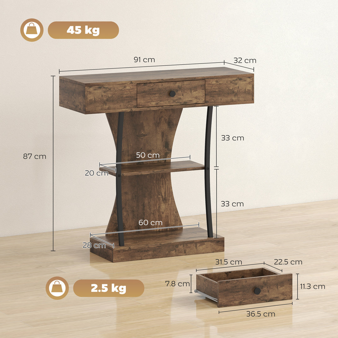 Console Table, 3-Tier Industrial Hallway Table with Drawer, Storage Shelves, 91 x 32 x 87 cm