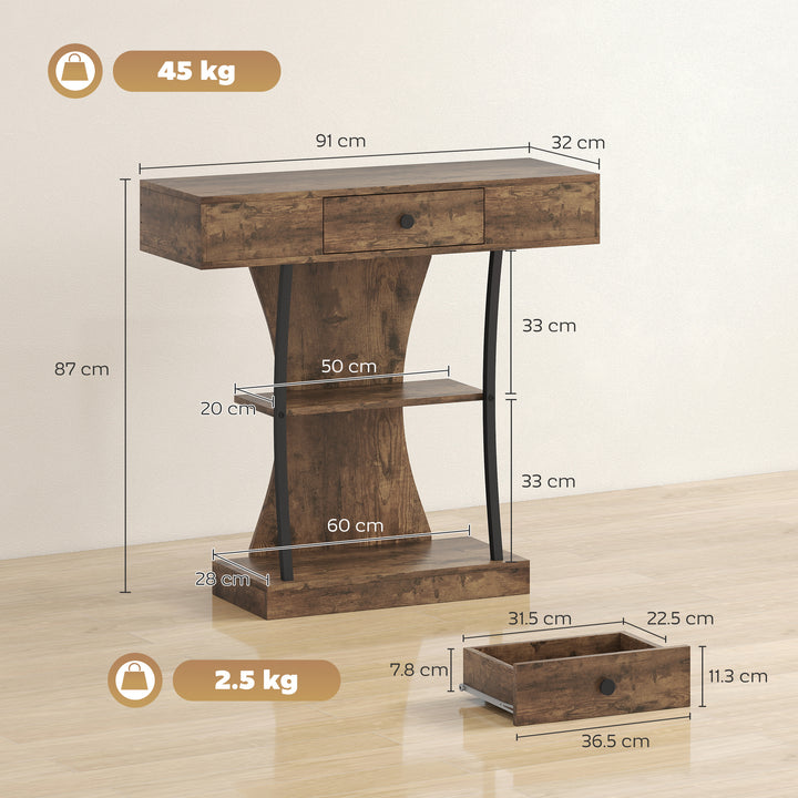 Console Table, 3-Tier Industrial Hallway Table with Drawer, Storage Shelves, 91 x 32 x 87 cm