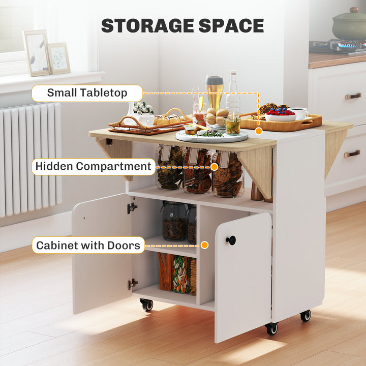 Folding Dining Table, Rolling Drop Leaf Table with Hidden Shelf &amp; Cabi