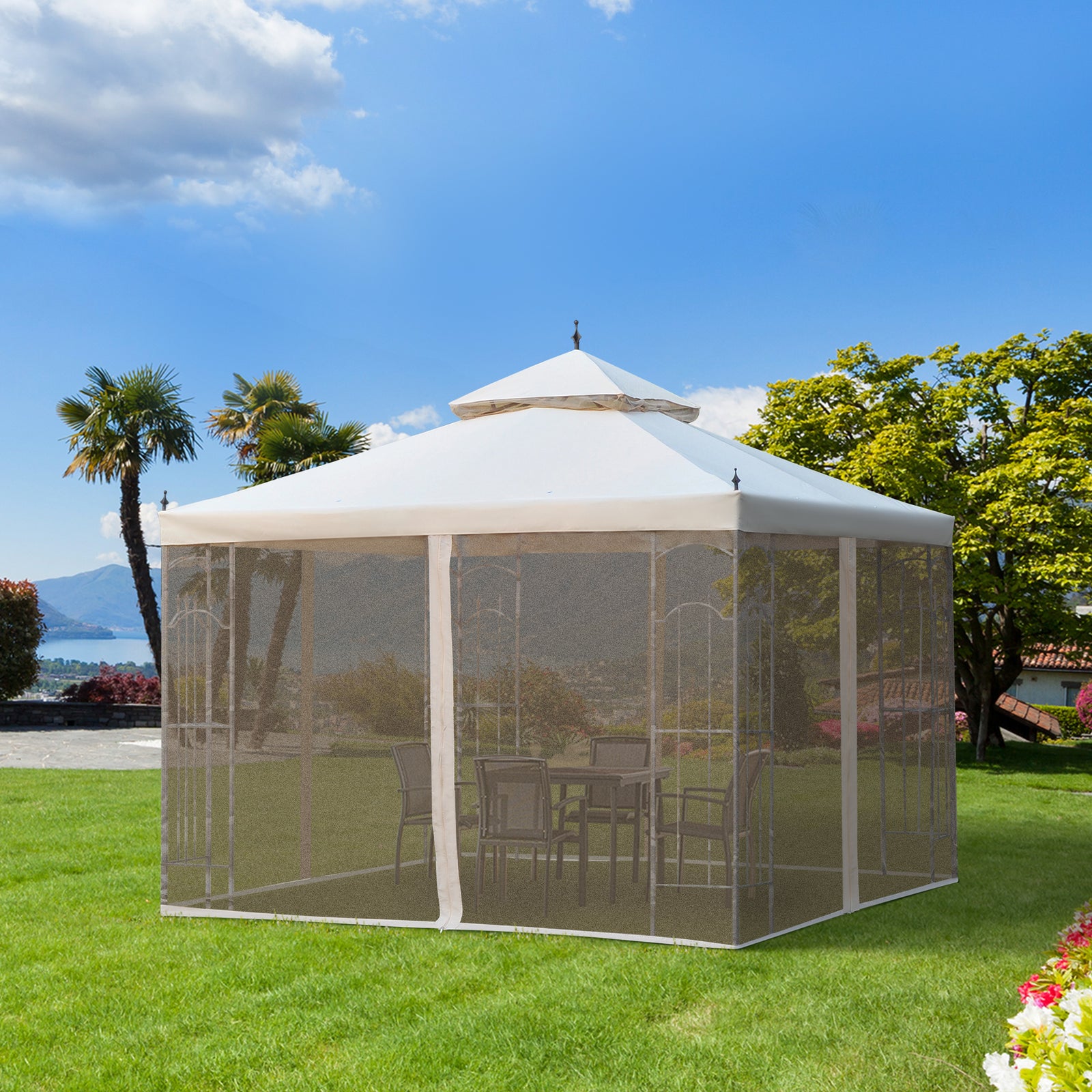 3(M)x3(M) Garden Gazebo Double Top Outdoor Canopy Patio Event Party Wedding Tent Backyard Sun Shade with Netting - Cream White