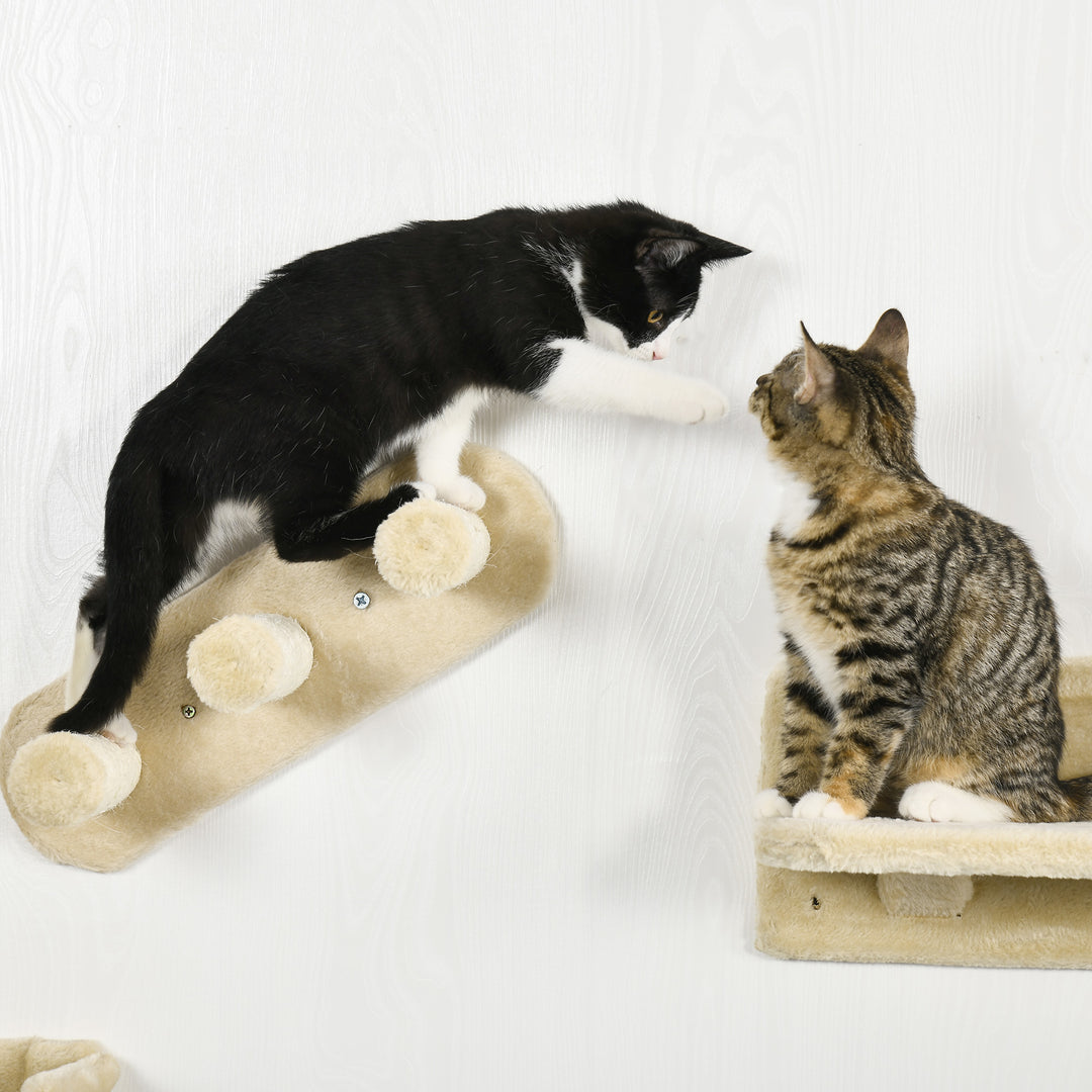 4PCs Wall-Mounted Cat Shelves w/ Scratching Post, Hammock, Nest - Beige