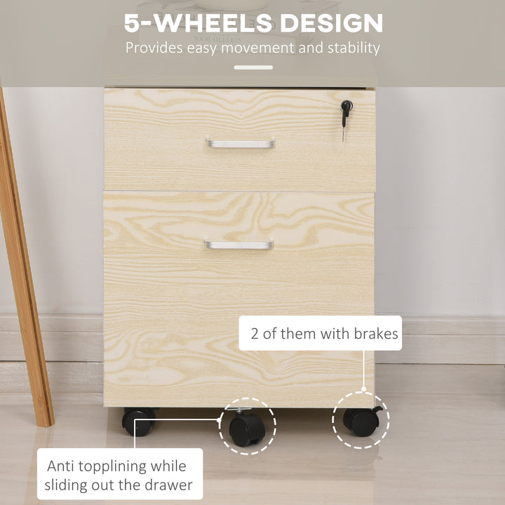 2-Drawer Locking Office Filing Cabinet w/ 5 Wheels Rolling Storage Hanging A4 Cupboard Home Organisation, Oak Wood Grain