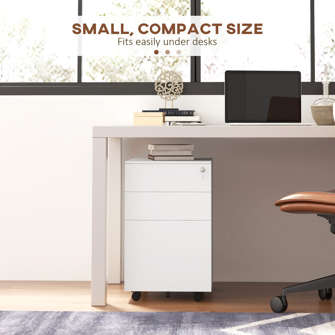3-Drawer Vertical Filing Cabinet with Pencil Tray, Lock and 5 Wheels, Steel Mobile File Cabinet, for A4, Legal and Letter Size, Pre-Assembled Body, White