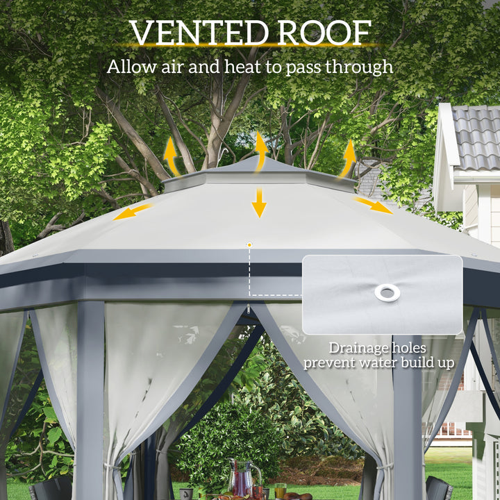 MCL 3 x 4m Metal Frame Hexagon Gazebo, with Curtains - Grey