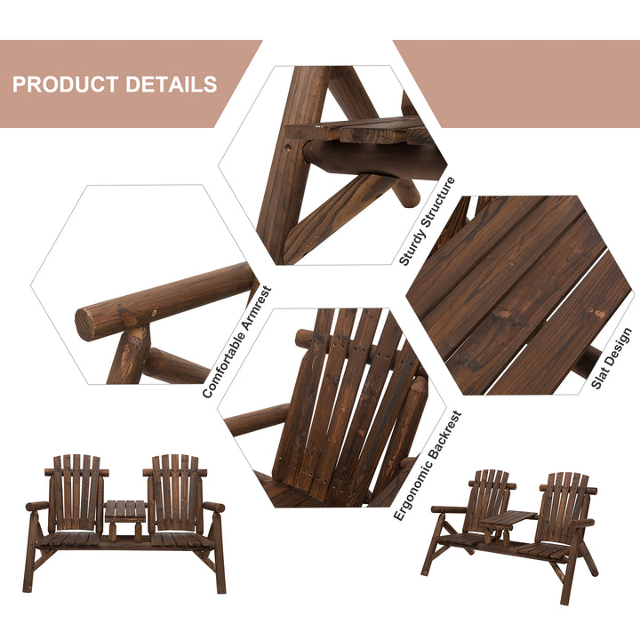 Wood Patio Chair Bench 2 Seats Jack and Jill Seat w/ Center Coffee Table, Garden Bench, Carbonized