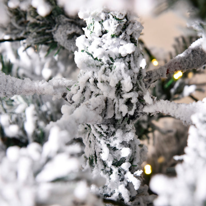 6FT Prelit Artificial Snow Flocked Christmas Tree with Warm White LED Light, Holiday Home Xmas Decoration, Green White