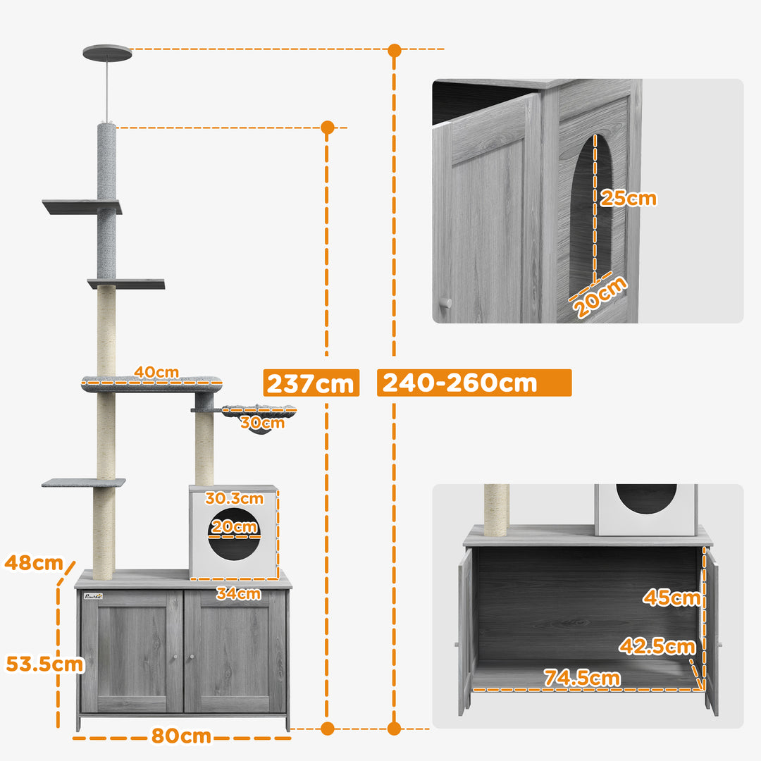 PawHut Cat Tree w/ Hidden Litter Box, 2 in 1 Floor to Ceiling Cat Litter Box Furniture w/ Cat House, Bed, Hammock, Scratching Posts | Aosom UK