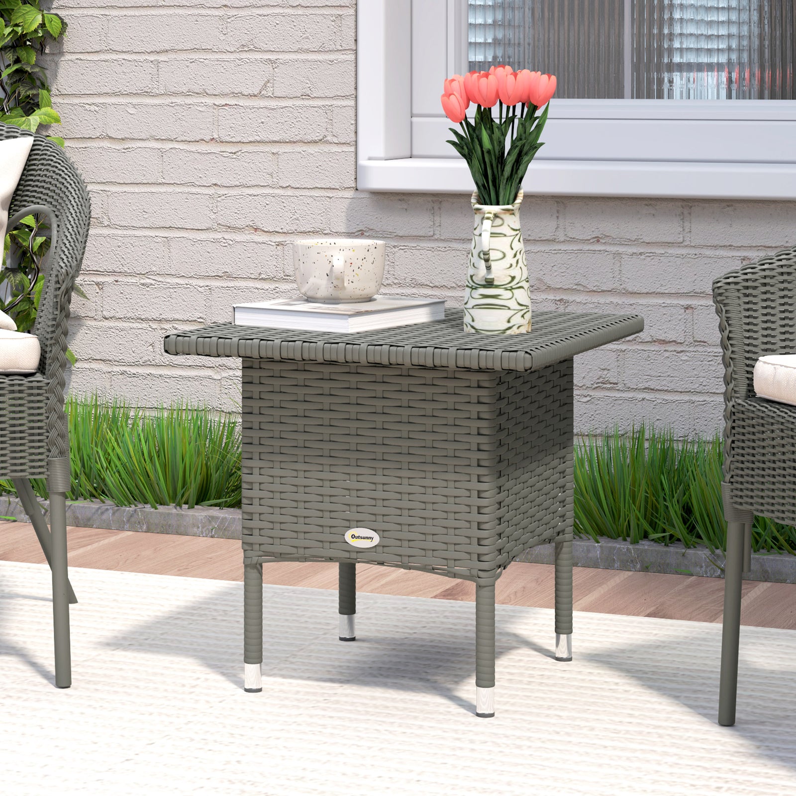 Rattan Side Table, Outdoor Coffee Table with Plastic Board Under the Full Woven Table Top for Patio, Garden, Balcony, Grey