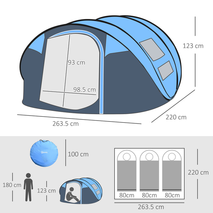 4 Person Pop-up Camping Tent Family Tent with Ground Sheet, 4 Windows and Portable Carry Bag for Beach Outdoor Trip, Sky Blue