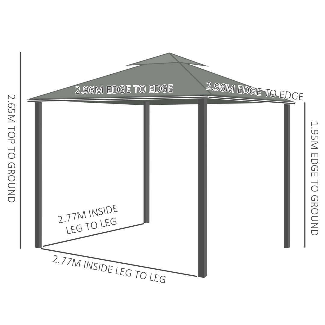 3 x 3(m) Patio Gazebo Canopy Garden Pavilion Tent Shelter Marquee with 2 Tier Water Repellent Roof, Mosquito Netting and Curtains, Aluminium Frame, Dark Grey