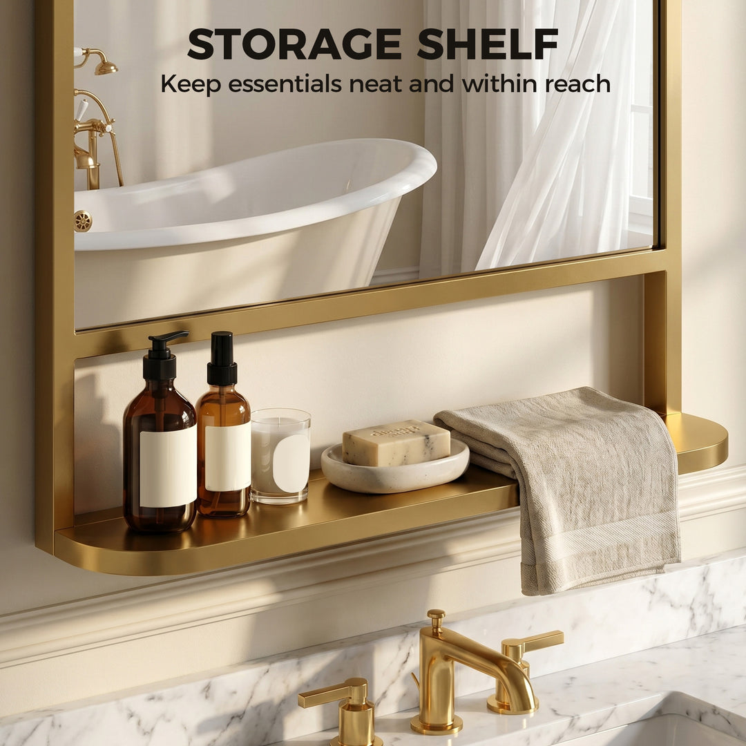 Modern Rectangular Wall Mirror with Storage Shelf, 70 x 50 cm, Gold To