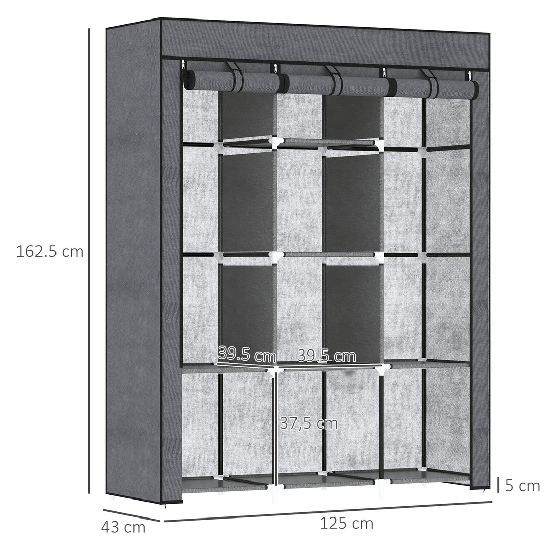Fabric Wardrobe, with Rails and Shelves - Dark Grey