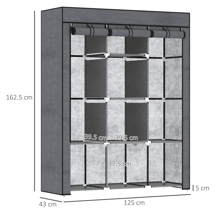 Fabric Wardrobe, with Rails and Shelves - Dark Grey