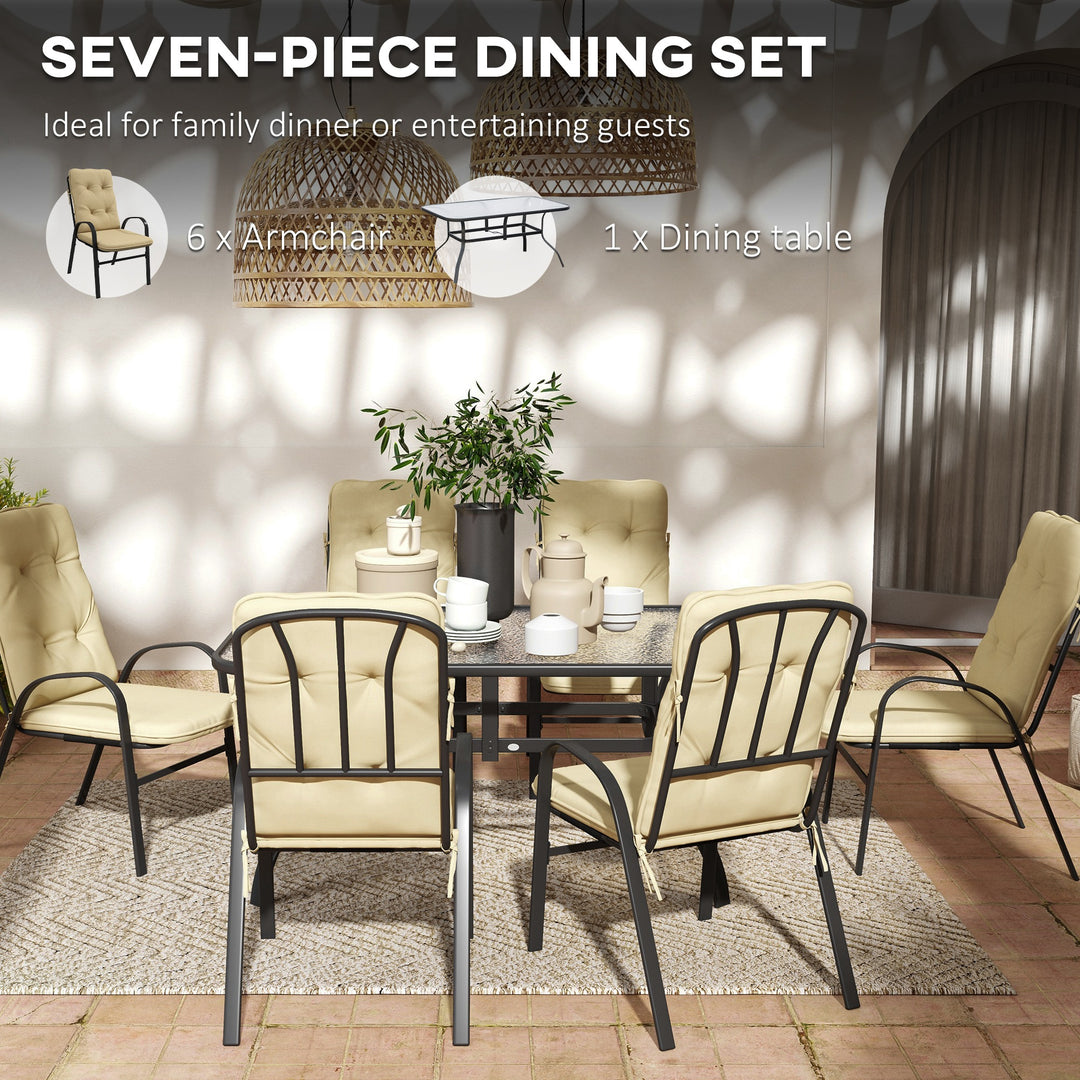 Outsunny 7 Piece Garden Dining Set, Outdoor Dining Table and 6 Cushioned Armchairs, Tempered Glass Top Table w/ Umbrella Hole, Texteline Seats, Beige
