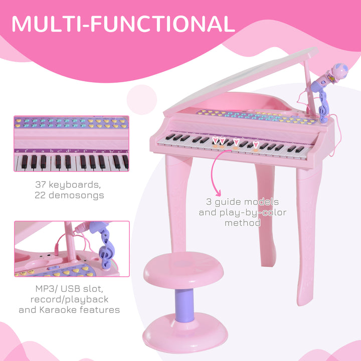 37 Keys Kids Mini Electronic Keyboard Children Grand Piano with Stool Microphone Light Musical Instrument Educational Game Toy Set (Pink)