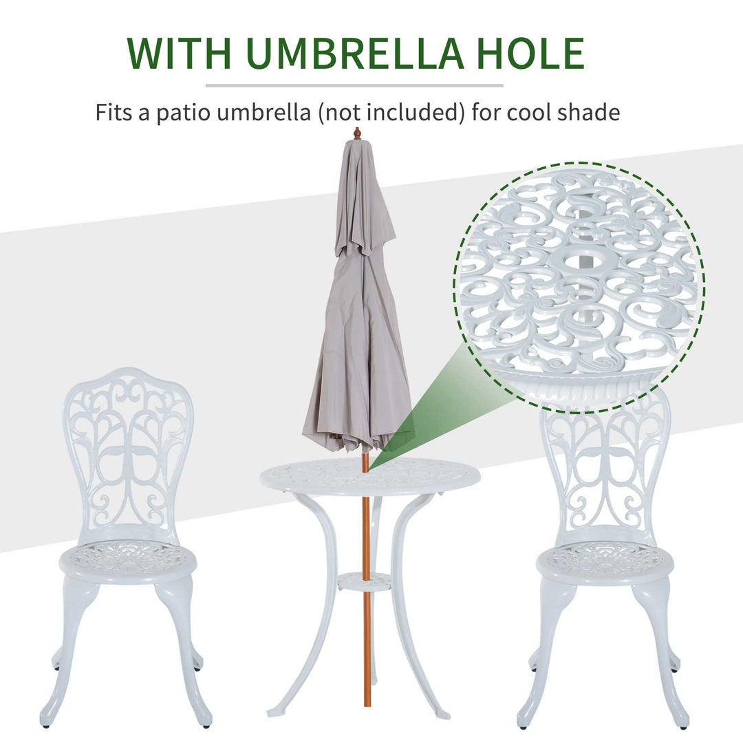 3 Pieces Antique Garden Bistro Set for 2, Cast Aluminium Garden Furniture Set with Umbrella Hole, White