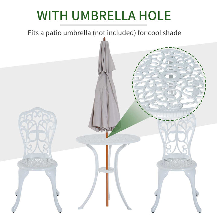3 Pieces Antique Garden Bistro Set for 2, Cast Aluminium Garden Furniture Set with Umbrella Hole, White