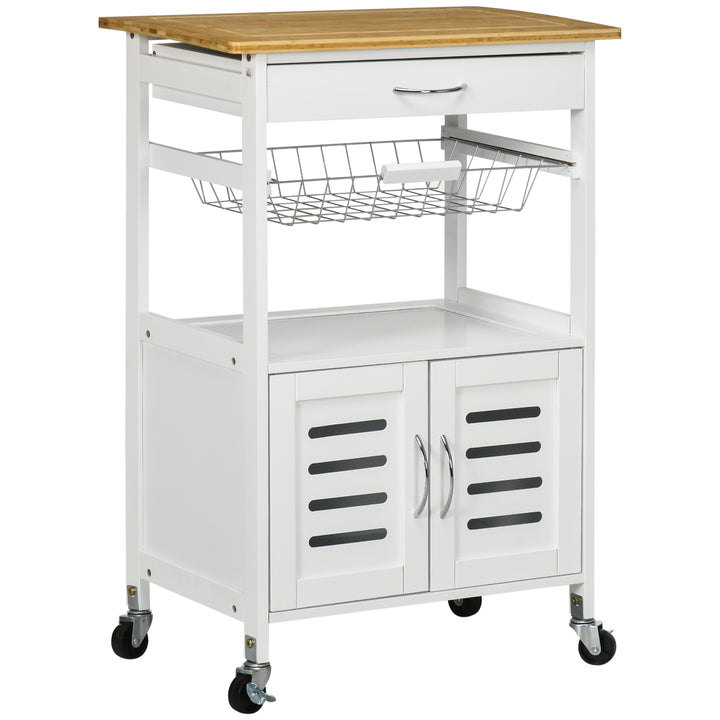 MCL Rolling Kitchen Island Trolley Utility Cart on Wheels with Bamboo Table Top, Storage Cabinet, Drawer and Wire Basket