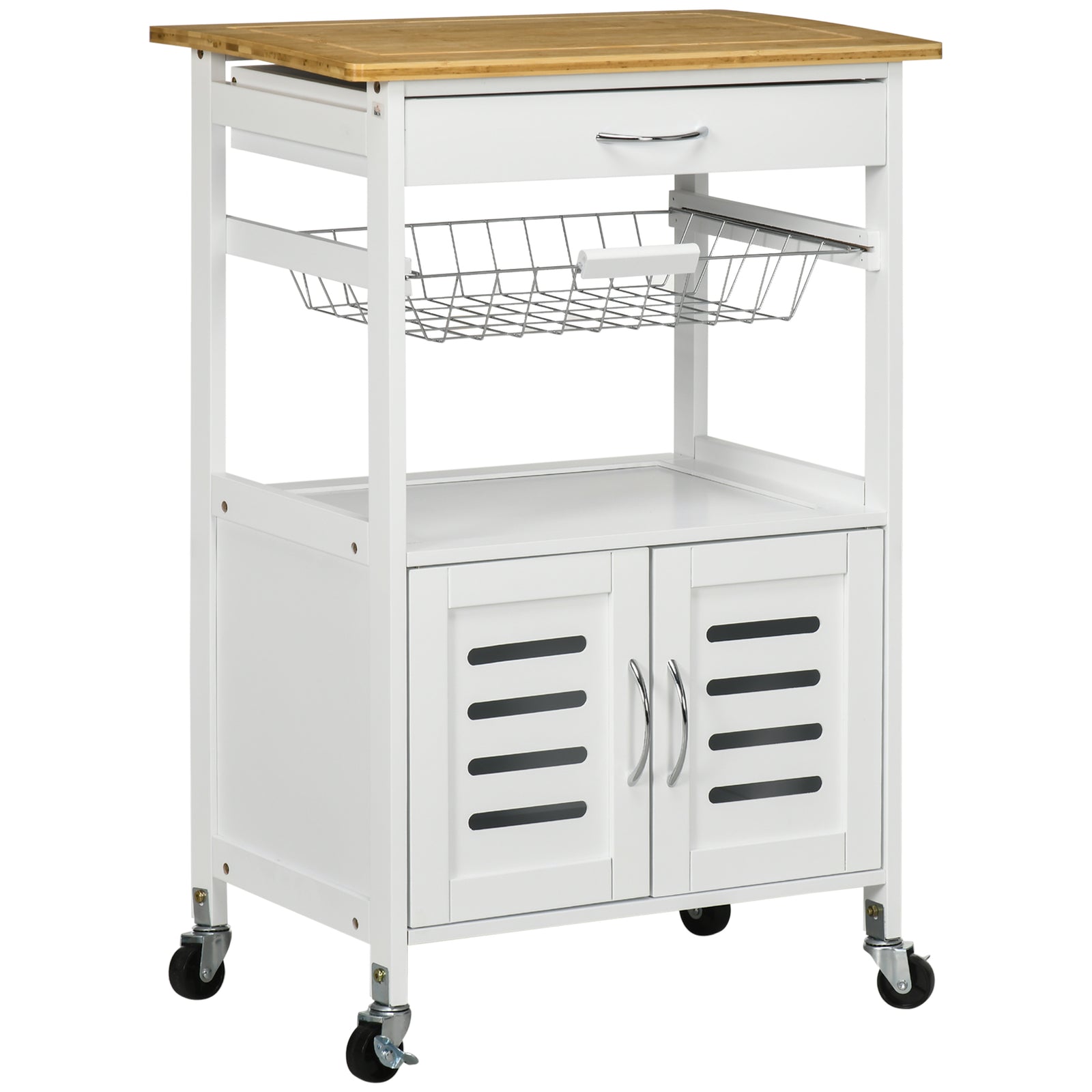 Rolling Kitchen Island Trolley Utility Cart on Wheels with Bamboo Table Top, Storage Cabinet, Drawer and Wire Basket