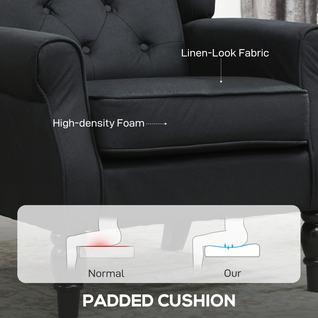 Retro Accent Chair, Linen Wingback Armchair with Wood Frame Button Tufted Design for Living Room Bedroom, Black