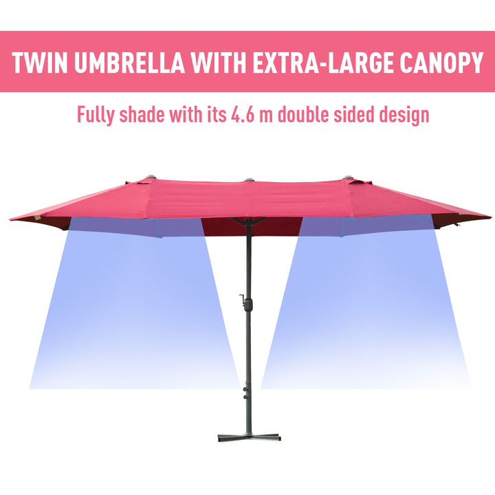 4.6M Sun Umbrella Canopy Double-sided Crank Sun Shade w/ Cross Base Wine Red