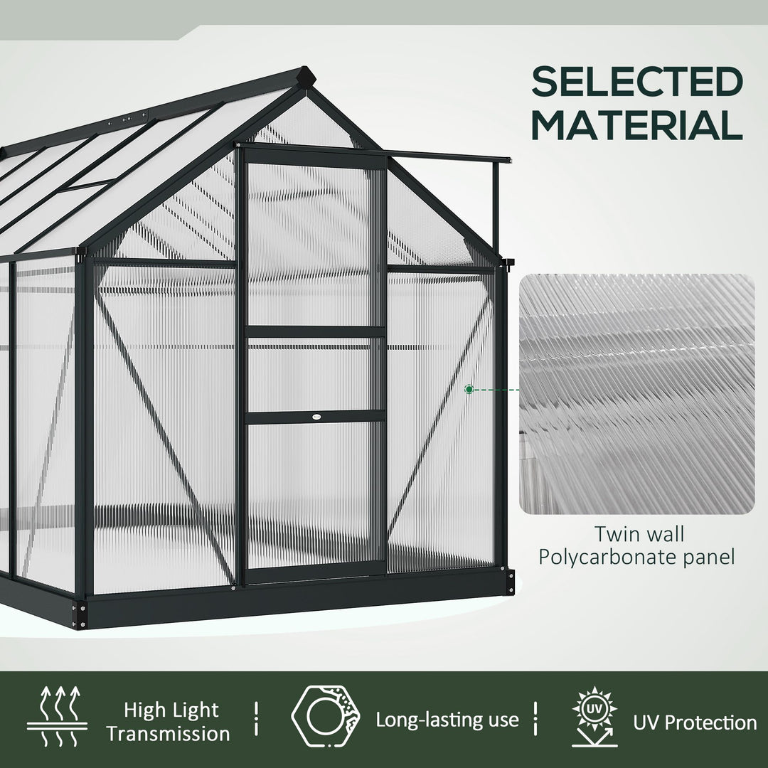 6 x 10ft Polycarbonate Greenhouse, Large Walk-In Green House with Slide Door and Window, Garden Plants Grow House with Aluminium Frame and Foundation, Grey