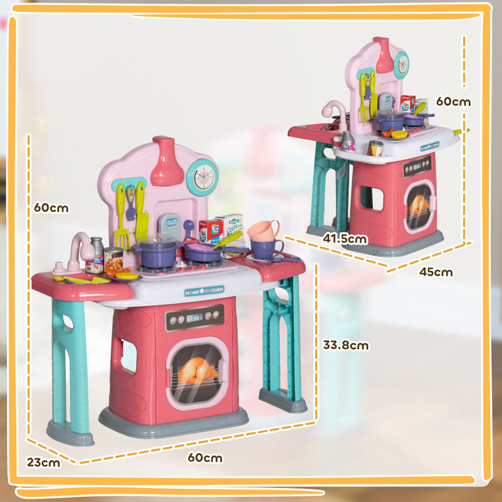 AIYAPLAY Toy Kitchen, 45 Pieces Kids Kitchen with Rotating Side Tables, Toddler Pretend Role Play Kitchen with Light, Sounds, Spray Effect for Children 3-6 Years, Pink | Aosom UK