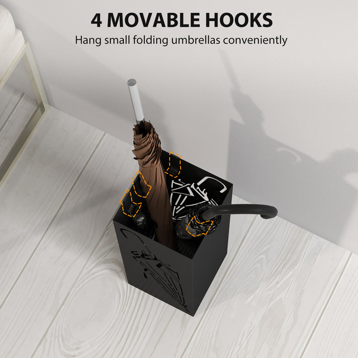 Metal Umbrella Stand, Square Umbrella Holder with 4 Hooks and Removable Drip Tray, Decorative Umbrella Storage Rack for Entryway, Hallway, 15.5 x 15.5 x 41 cm, Black