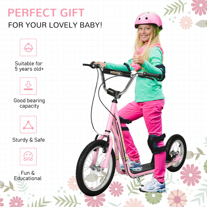 Kids Scooter, Teen Kick Scooter with Rubber Wheels, 16" Front Wheel, Height Adjustable Handlebar, Dual Brakes, Kick Stand, for 5+ Years, Pink