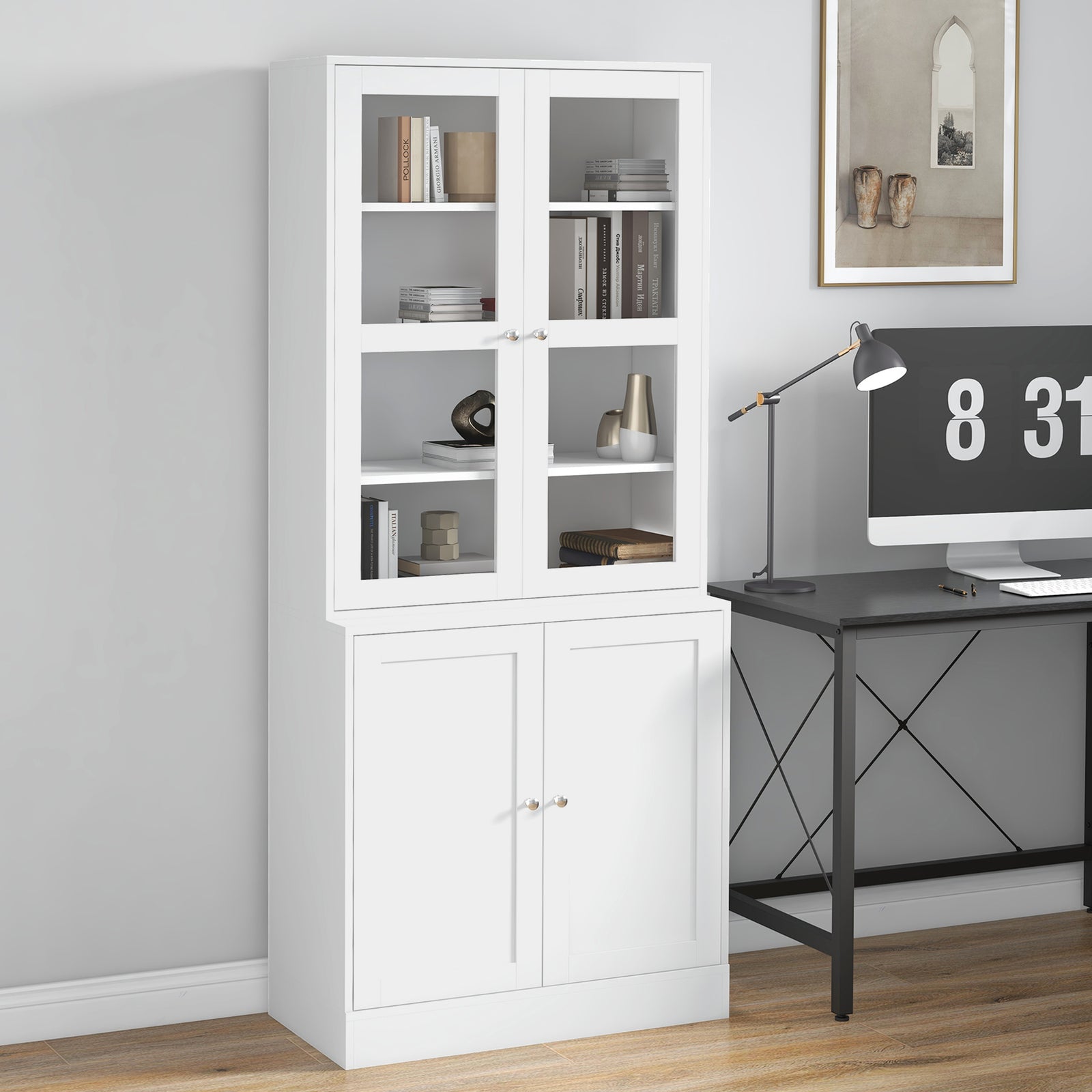 Modern Bookcase with Glass Doors, Display Storage Cabinet with Adjustable Shelves for Living Room, Study, Home Office, Kitchen Cupboard with Small Open Counter, White