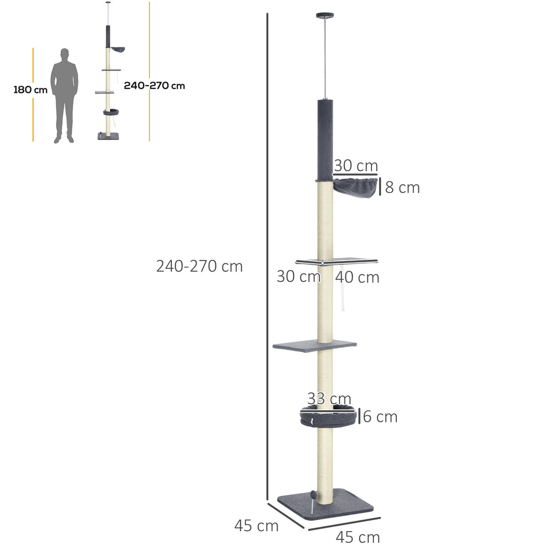 240-270cm Floor-To-Ceiling Cat Tree, 5 Tier Cat Climbing Tower, with Bed, Hammock, Platforms, Dark Grey and Cream