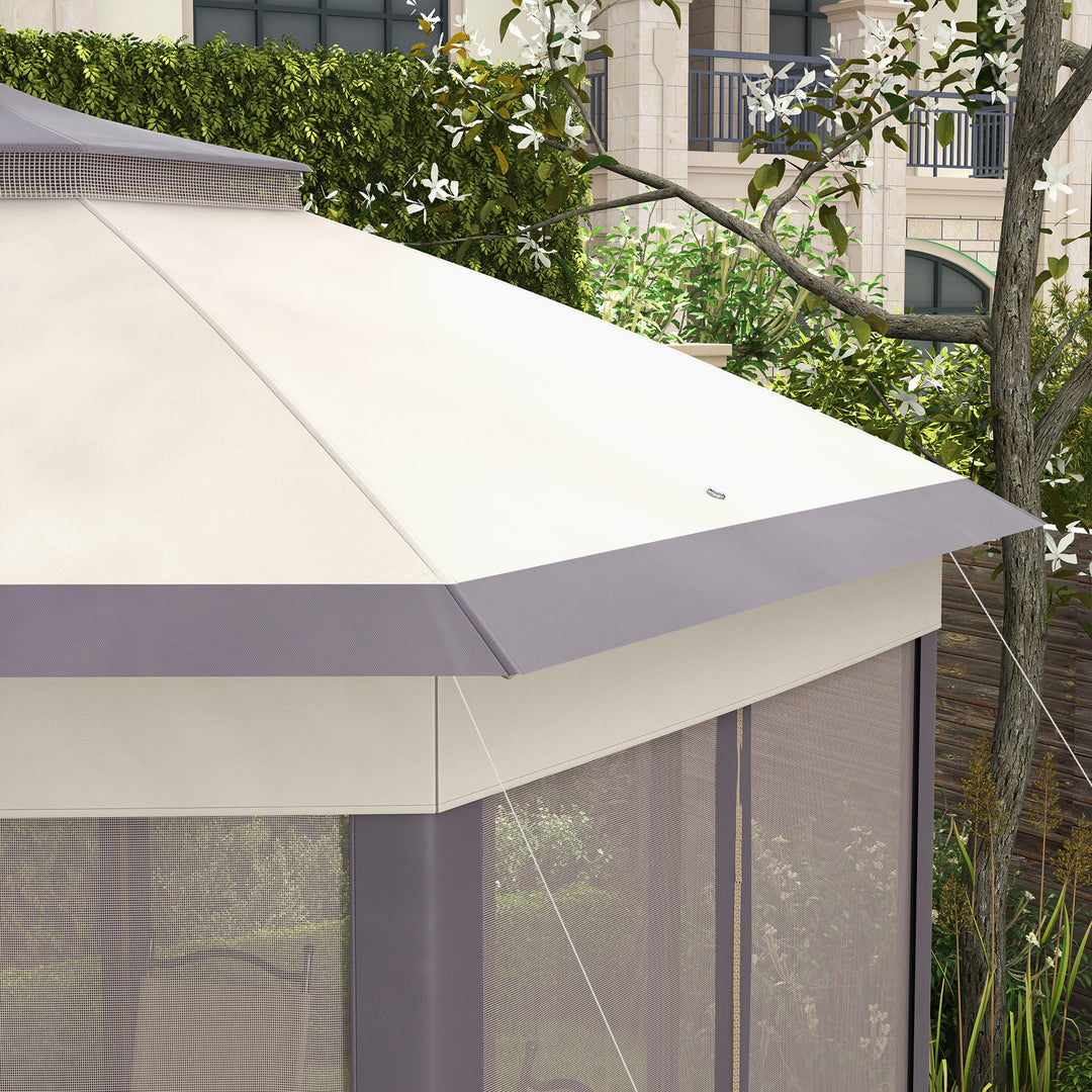 Outsunny Hexagon Patio Gazebo Pop Up Gazebo Outdoor Double Roof Instant Shelter with Netting, 4m x 4m, Beige