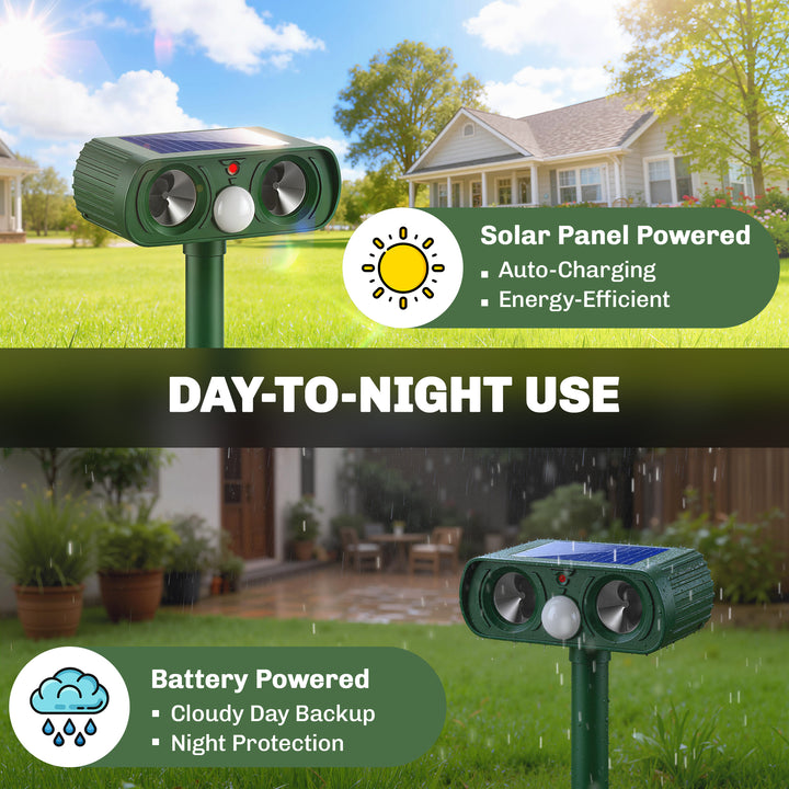 Ultrasonic Cat Repellent, PIR Motion Sensor 110°, LED Flash, Solar Cat
