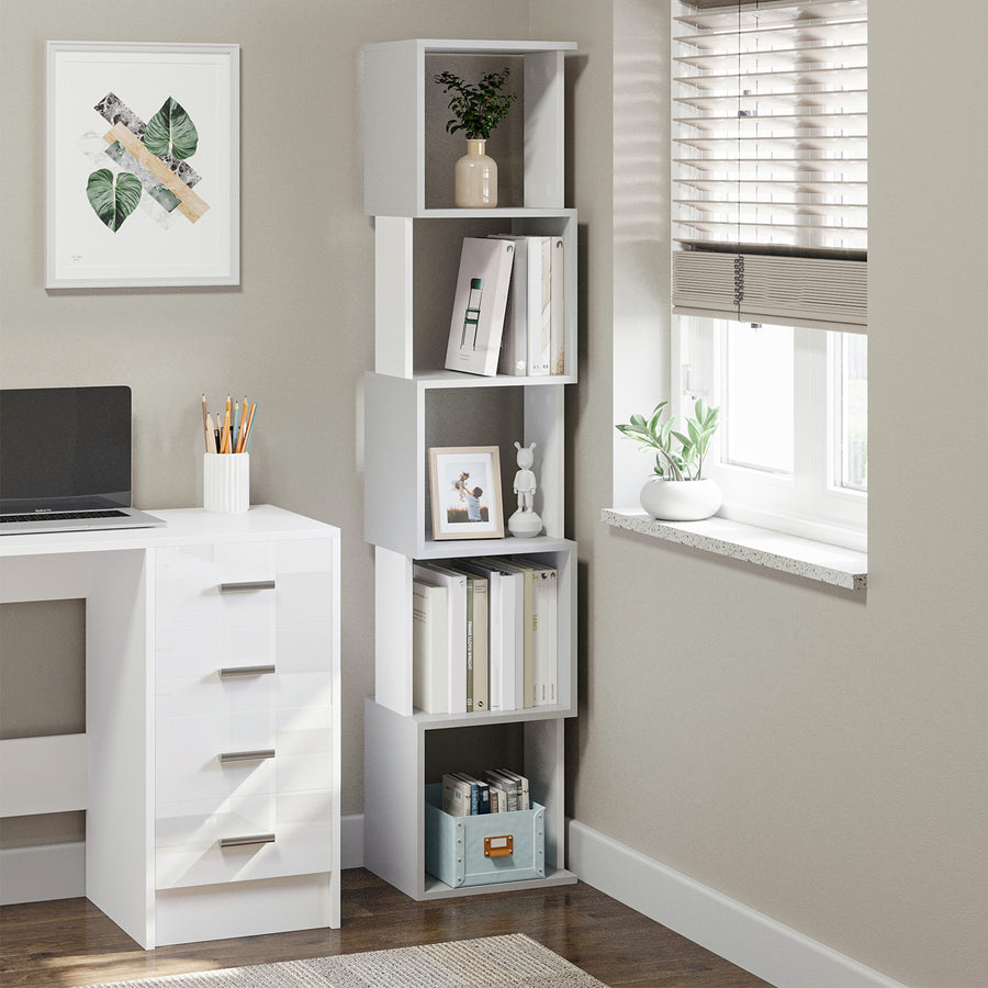 Modern 5-Tier Bookshelf, Freestanding Bookcase Storage Shelving for Living Room Home Office Study, White and Light Grey