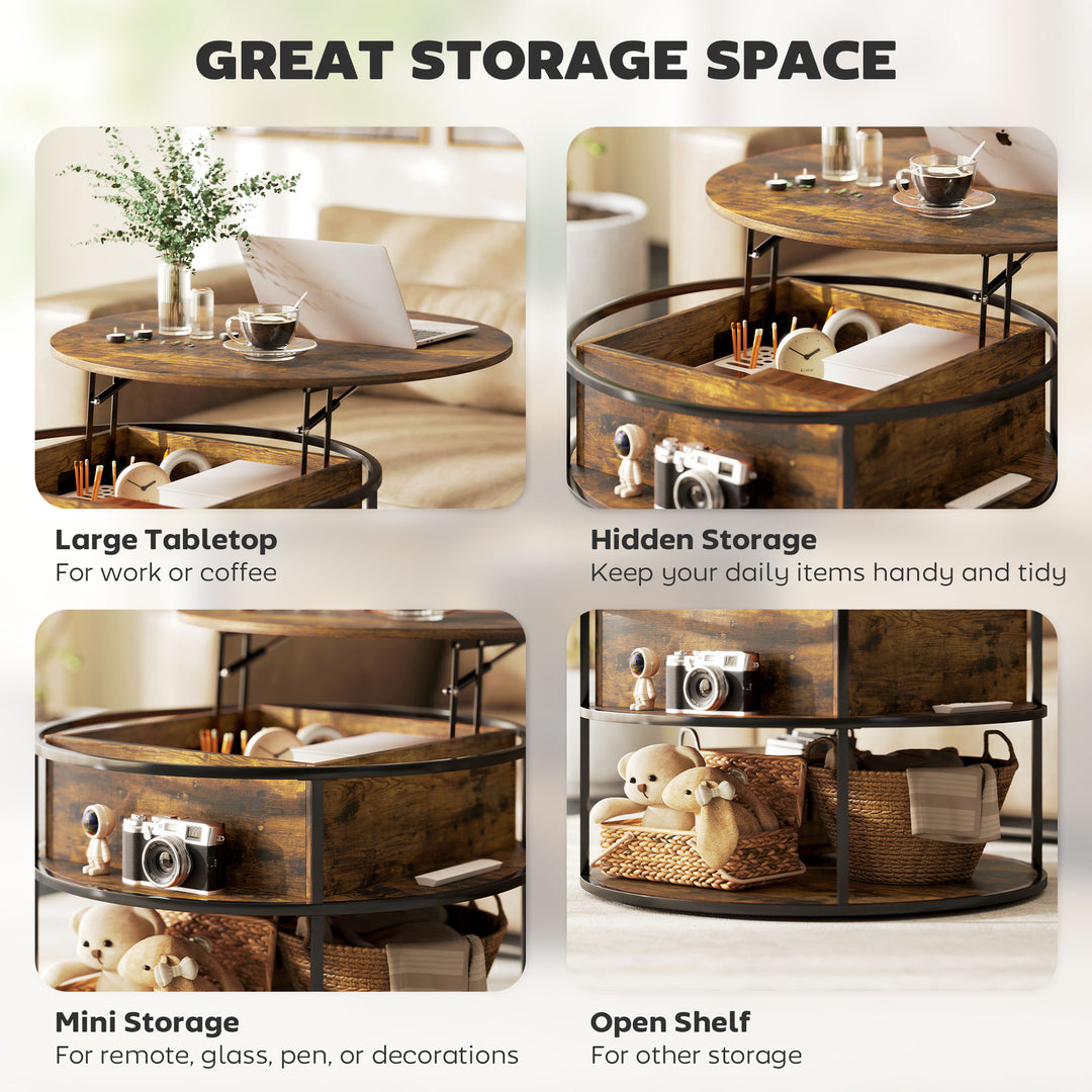 Lift Top Coffee Table, Round Coffee Table with Storage Shelf, Hidden Compartment and Steel Frame for Living Room, Home Office, Brown