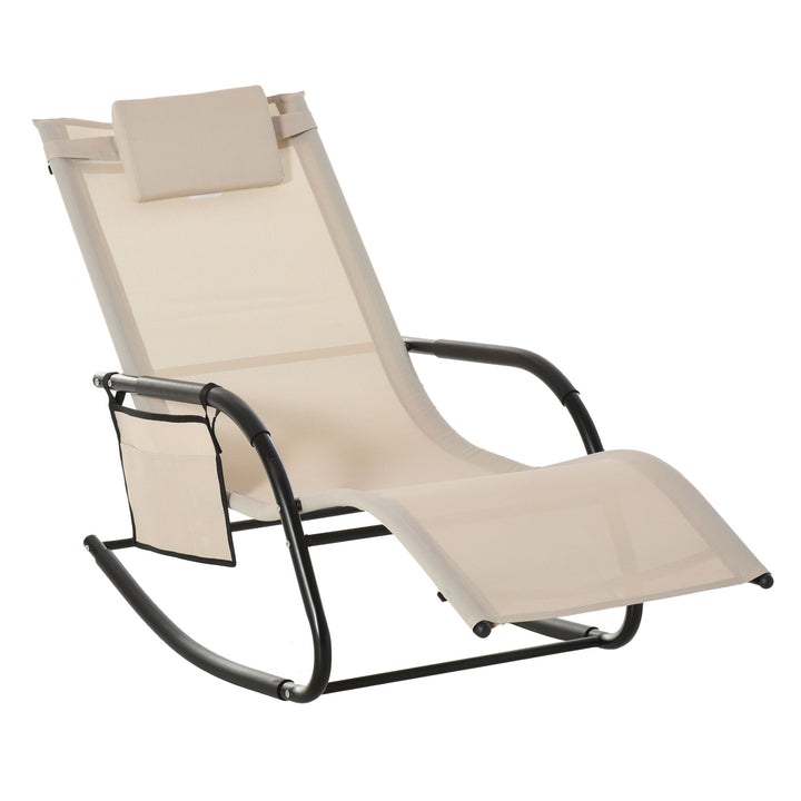 Outdoor Garden Rocking Chair, Patio Sun Lounger Rocker Chair with Breathable Mesh Fabric, Removable Headrest Pillow, Armrest, Side Storage Bag, Cream White