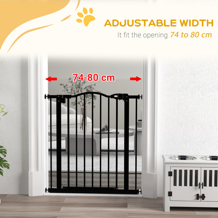 PawHut Metal 74-80cm Adjustable Pet Gate Safety Barrier w/ Auto-Close Door Black | Aosom UK